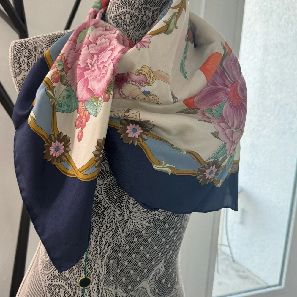 Gucci Navy Cream Silk Scarf with Floral Baroque Design